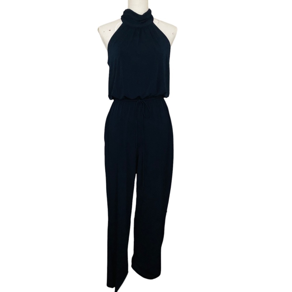ENFOCUS STUDIO Navy Blue Sleeveless Halter Elastic Tie Waist Stretch Jumpsuit 6 - Picture 11 of 11